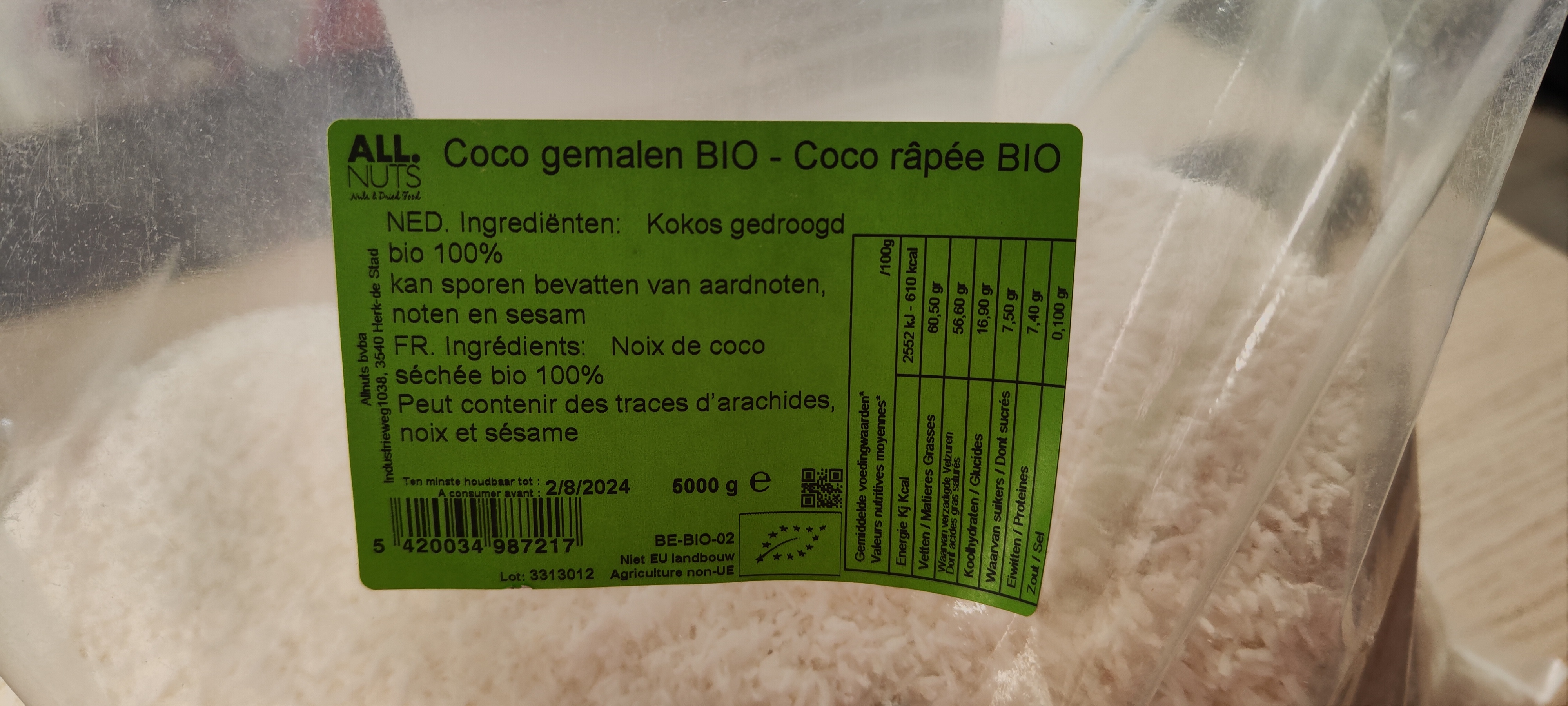 Noix de coco finement râpée bio 1 kg - Sans additif